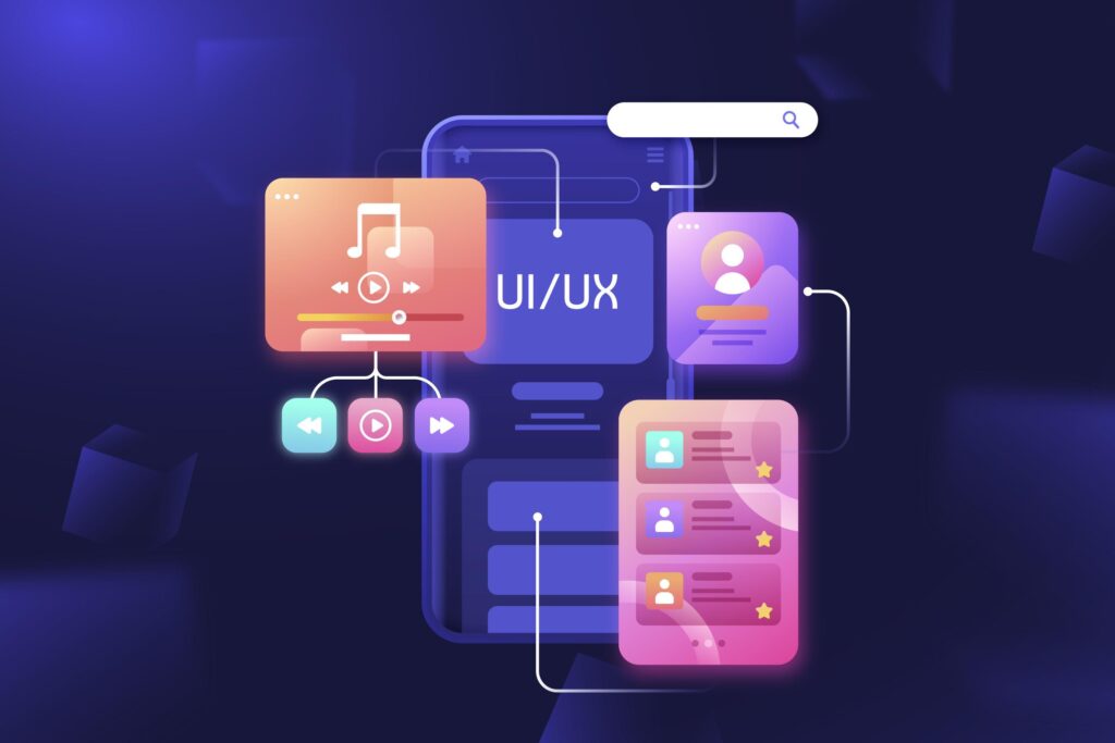 Flat design ui and ux background. UI UX on different platform in mobile
