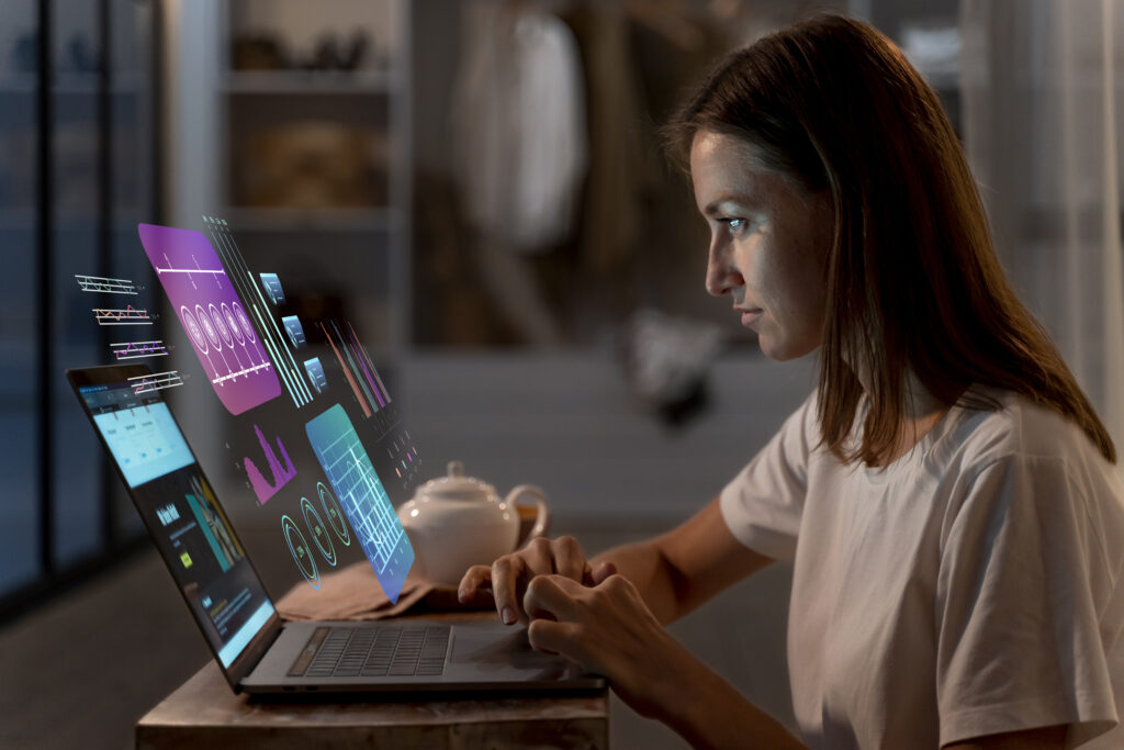 Representation of user experience and interface design. User is seeing the data and validating it in her desktop