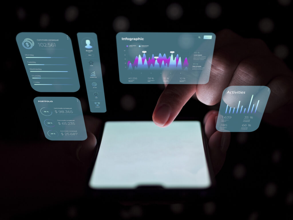 Representation of user experience and interface design. The uses is seeing the data of infographics, activities in his mobile
