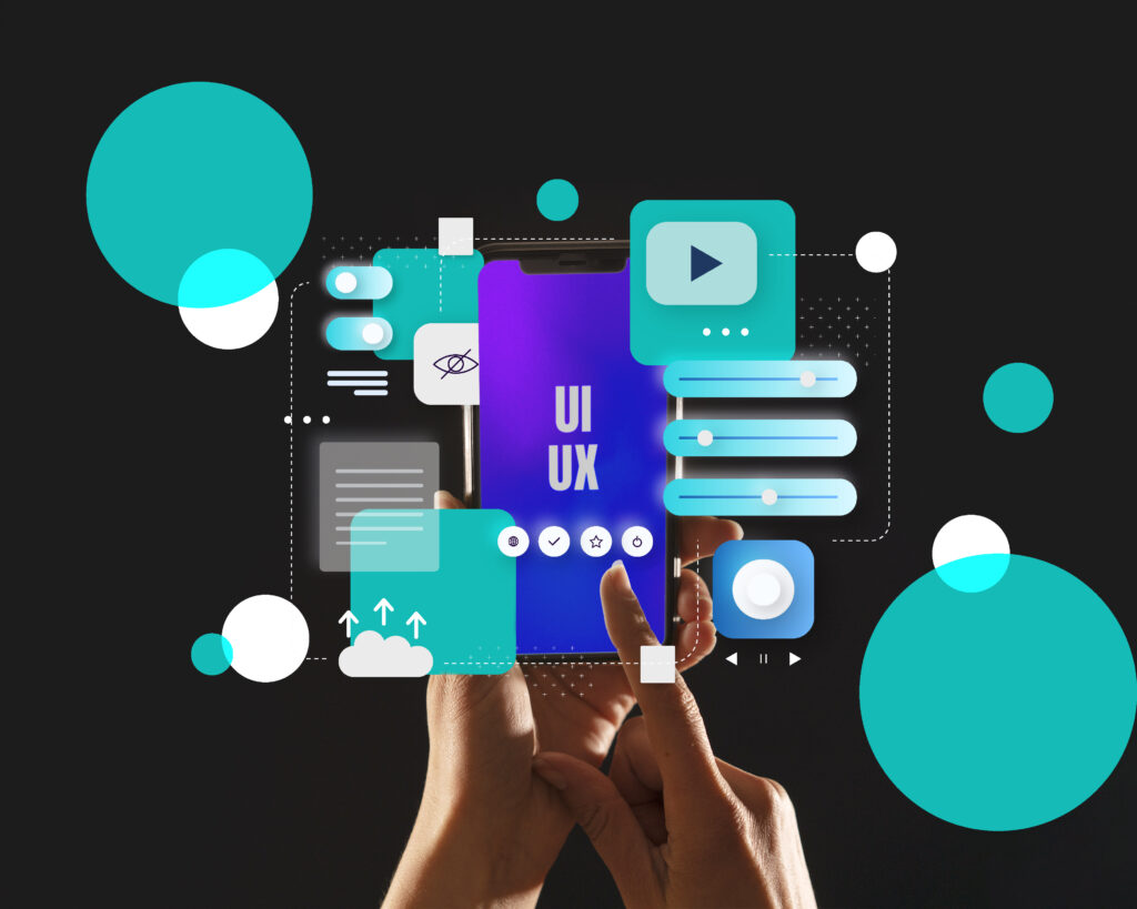 Representations of user experience and interface design. user is seeing and clicking on different apps related to UI UX in the mobile