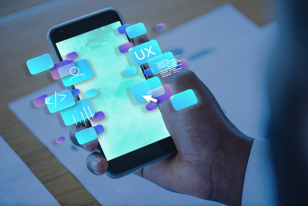 Representations of user experience and interface design. user is seeing different things related to UX in his mobile