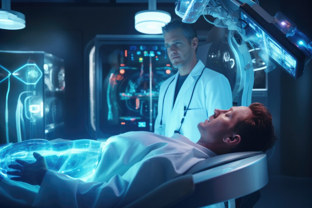 Doctor is seeing and thing something and patient is sleeping on the stretcher in operation theatre