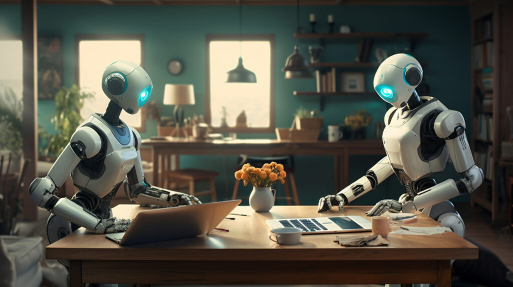 two robot cleaning a room, in the style of dark cyan and gray, uniformly staged images, combining natural and man-made elements, honey core