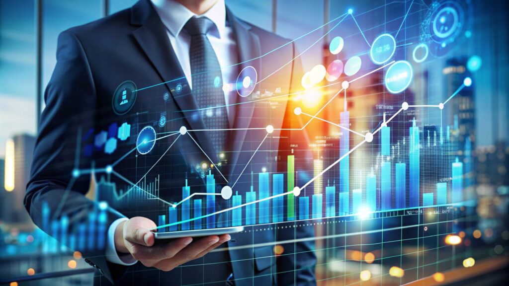Businessman using tablet with digital graph overlay.